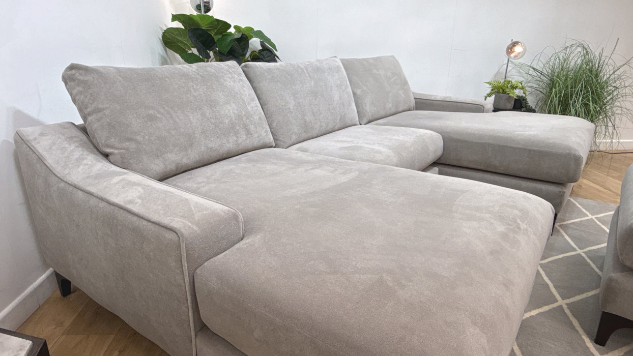 Sofology Wildwood Fabric 4 Seater Double Chaise with Footstool in Soft Sherpa Silver Contrast Piping Mix