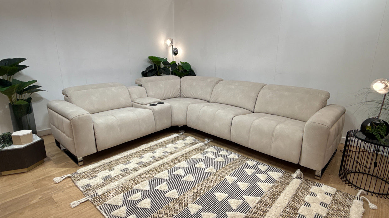 Sofology Marvella Fabric 1.5 Console Corner 3 Power Recliner/Headrest Heated Seat in Lifestyle Flecked Ivory