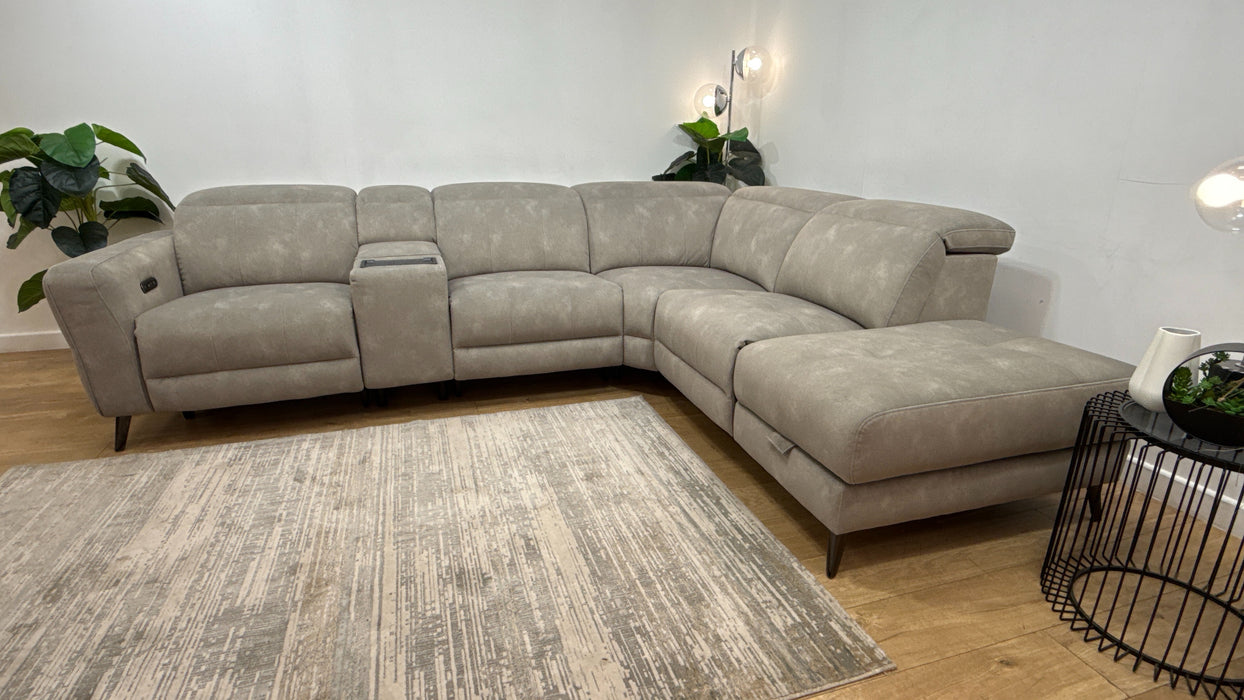 Sofology Jax Fabric 3 Corner 1.5 Chaise Power Recliner/Headrest Console in Lifestyle Flecked Stone