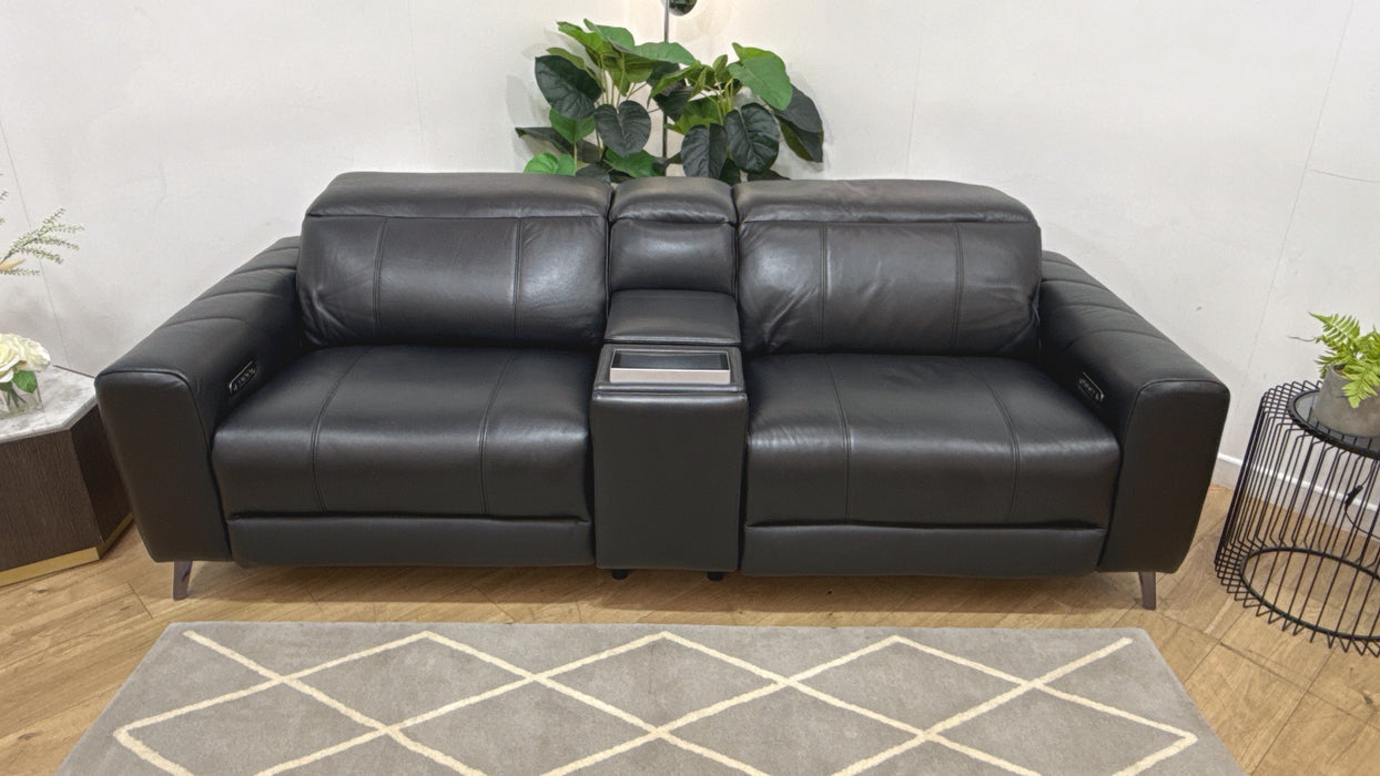 Sofology Allure Leather 2.5 Seater Screen Console Power Recliner/Headrest Heated Seats Lumbar Speakers in Trusty Embossed Jet Black