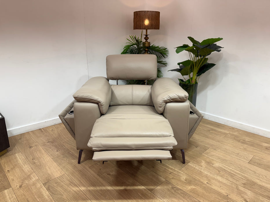 Sofology Fratelli Leather Chair Power Recliner/Headrest in Trusty Embossed Stone