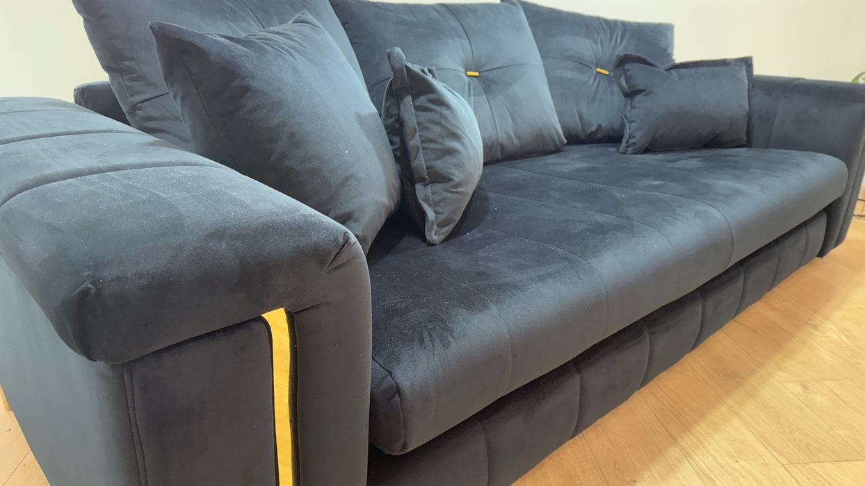 Sofology Oscar Fabric 4 Seater Gold Trim in Super Matt Velvet Black Mix