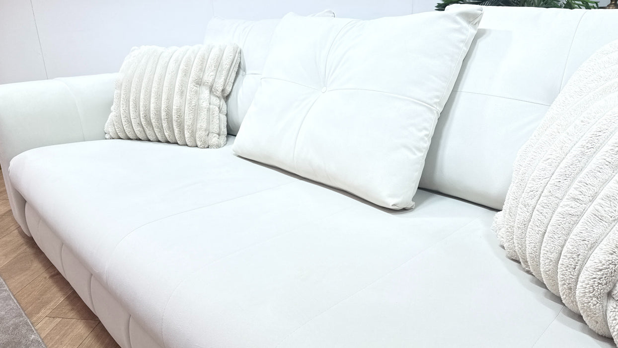 Sofology Oscar Fabric 4 Seater Distressed Walnut Trim in Super Matt Velvet Ecru Mix