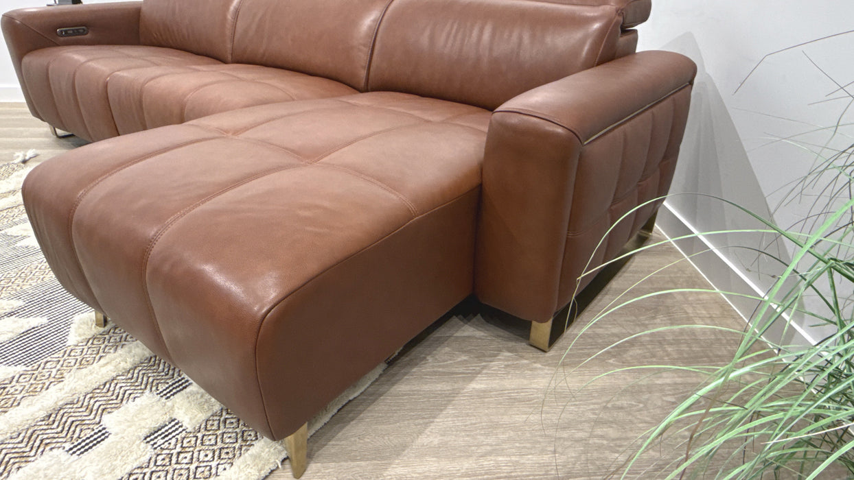 Sofology Marvella Leather 4 Seater Chaise Power Recliner/Headrest in Trusty Sheen Butterscotch