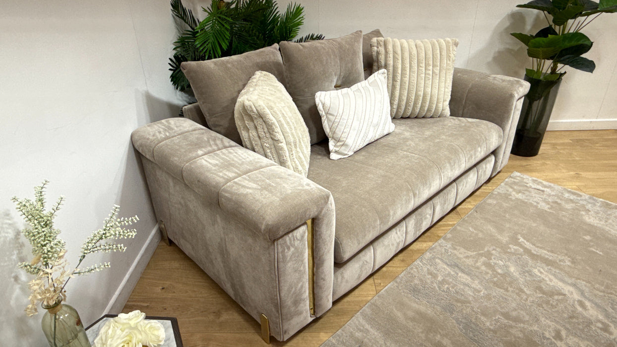 Sofology Oscar Fabric 2 Seater Gold Trim in Fine Textured Chenille Stone Mix