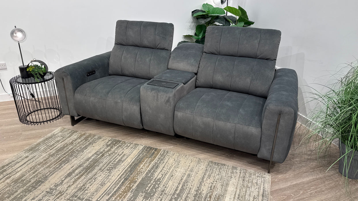 Sofology Paramount Fabric 2.5 Seater Console Power Recliner/Headrest Speakers in Lifestyle Flecked Mineral Green