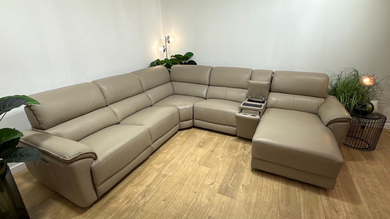 Sofology Hugo Leather 3 Corner Console 3 Power Chaise Power Recliner/Headrest in Trusty Embossed  Stone