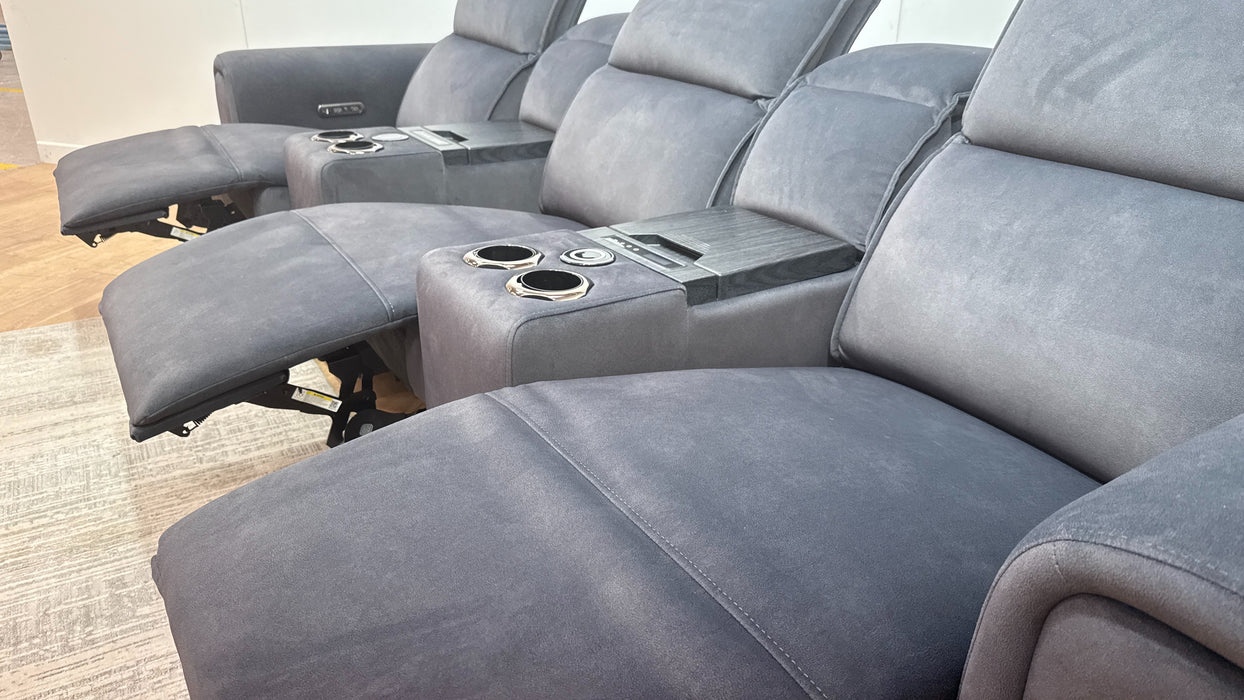 Sofology Premiere Fabric 3 Seater Compact Cinema Sofa Smart Consoles Power Recliner/Headrest x 3 in Lifestyle Flecked Anthracite