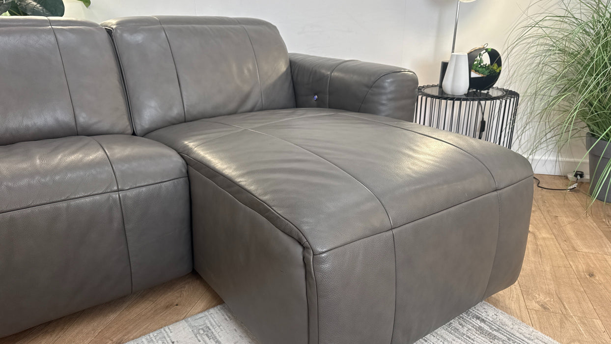 Sofology Lumiere Leather 4 Seater Chaise Power Recliner/Headrest Heated Seat in Trusty Embossed Grey