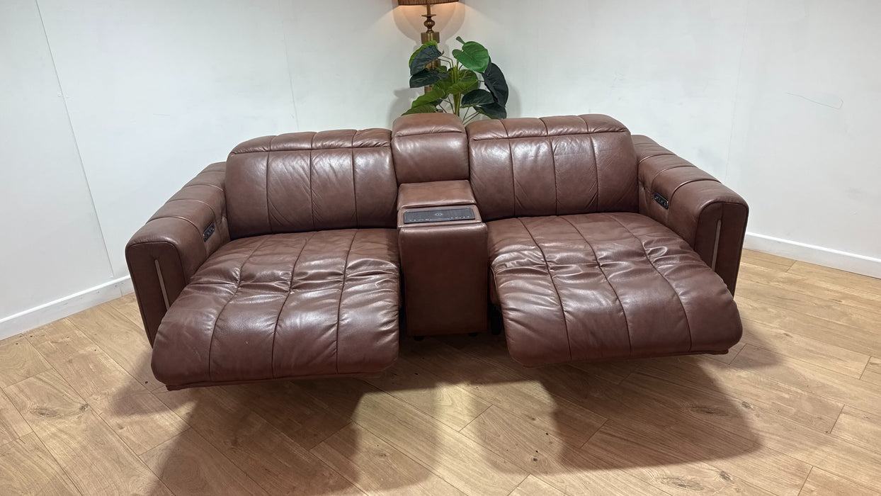 Sofology Paramount Leather 2.5 Seater Console Power Recliner/Headrest Heated Seats Speakers in Trusty Embossed Chestnut