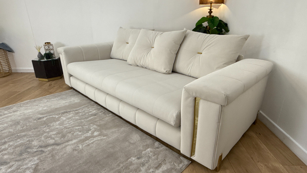 Sofology The Oscar Fabric 4 Seater Gold Trim in Super Matt Velvet Ecru Mix