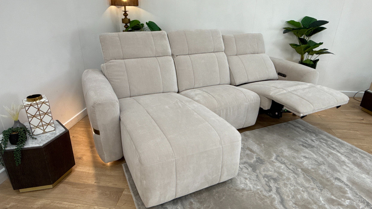 Sofology Lumiere Fabric 4 Seater Chaise Power Recliner/Headrest in Relaxed Chenille Cotton