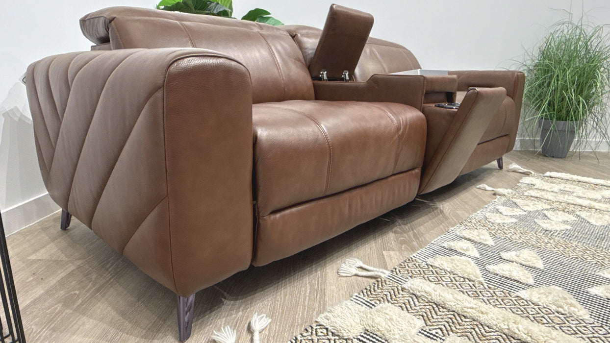 Sofology Allure Leather 2.5 Seater Screen Console Power Recliner/Headrest Heated Seats Lumbar Support Speakers in Trusty Embossed Chestnut