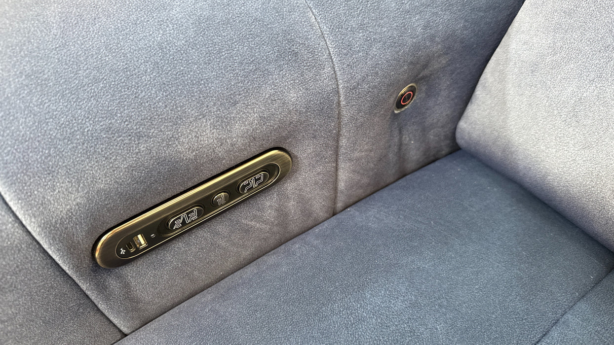 Sofology Paramount Fabric Chair Power Recliner/Headrest Heated Seat Speakers in Lifestyle Flecked Navy