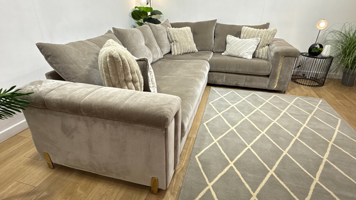 Sofology Oscar Fabric 3 Corner 1 Gold Trim in Fine Textured Chenille Stone Mix