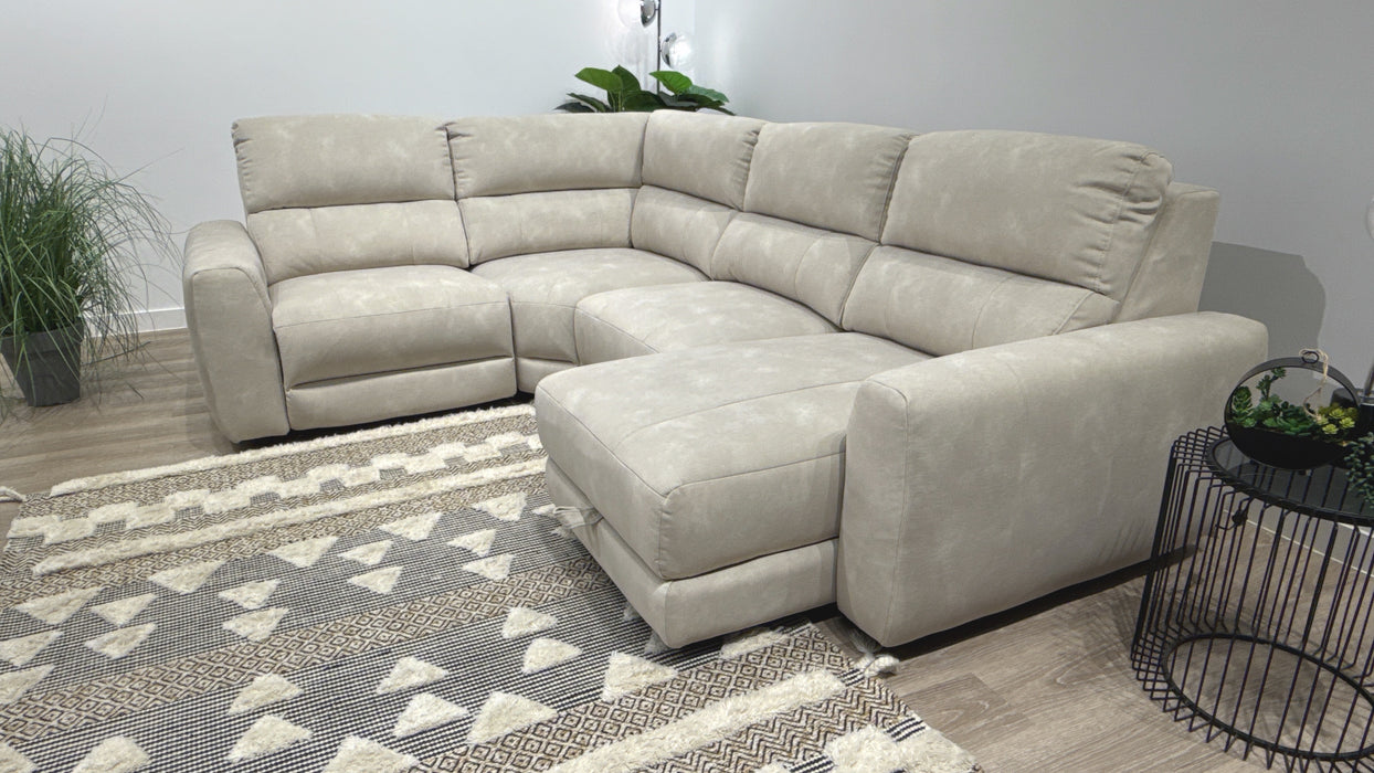 Sofology Portofino Fabric 1.5 Corner 3 Chaise Power Recliner/Headrest Chaise Storage in Lifestyle Flecked Ivory