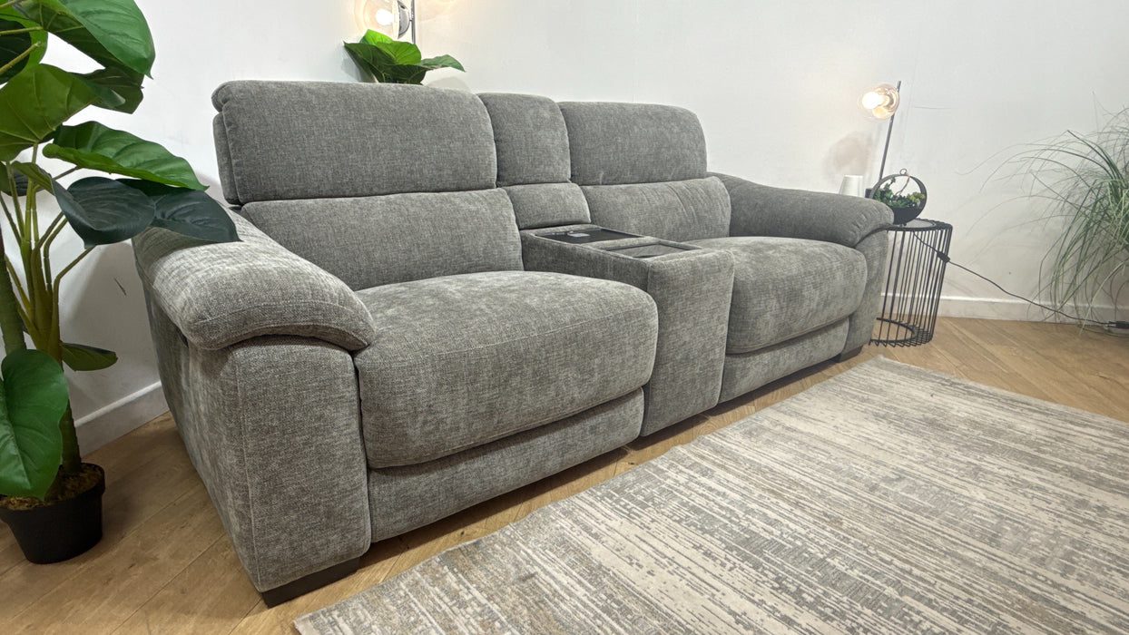 Sofology Elevate 2.5 Seater Screen Console Power Recliner/Headrest Heated Seats Lumbar Support Speakers in Chenille Grey Fab