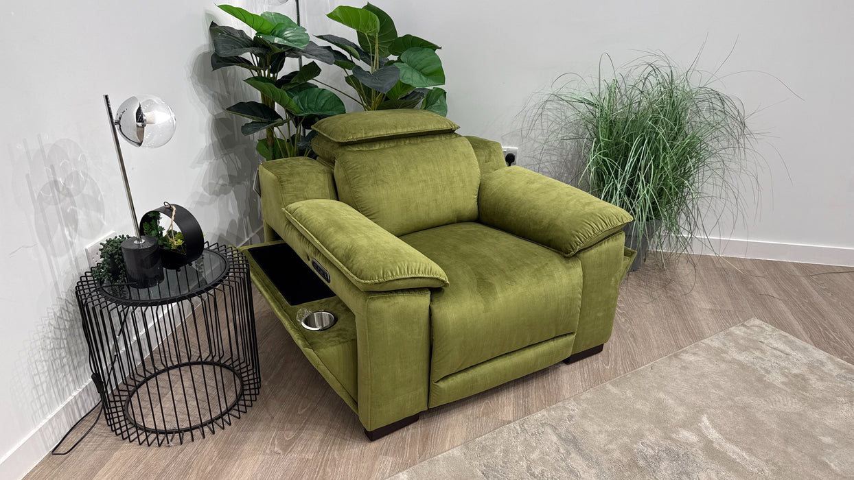 Sofology Benz Fabric Chair Power Recliner/Headrest Heated Seat in Heritage Velvet Olive