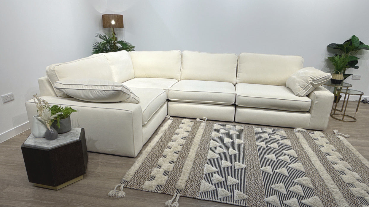 Sofology Atelier Fabric 1 Corner 3 Full Back in Soft Chenille Ivory Mix With Black Contrast Piping