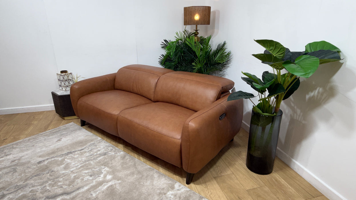 Sofology Larsen Leather 3 Seater Power Recliner/Headrest in Relaxed Soft Tan