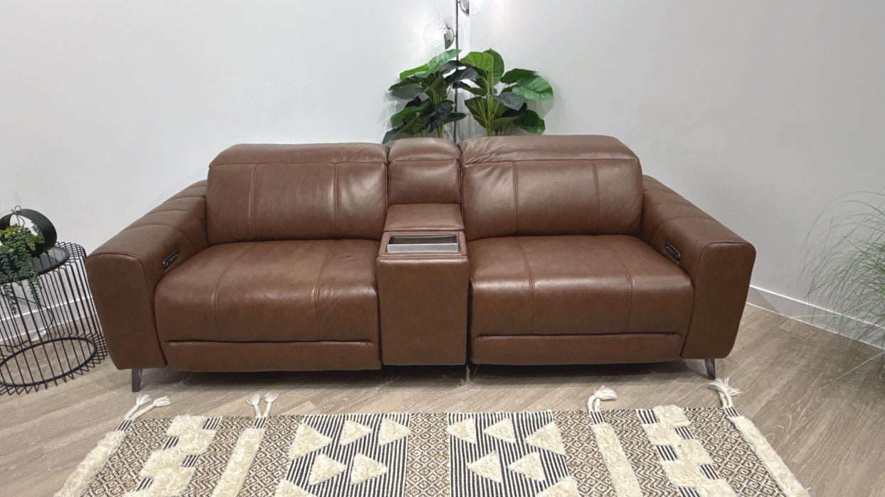 Sofology Allure Leather 2.5 Seater Screen Console Power Recliner/Headrest Heated Seats Lumbar Support Speakers in Trusty Embossed Chestnut