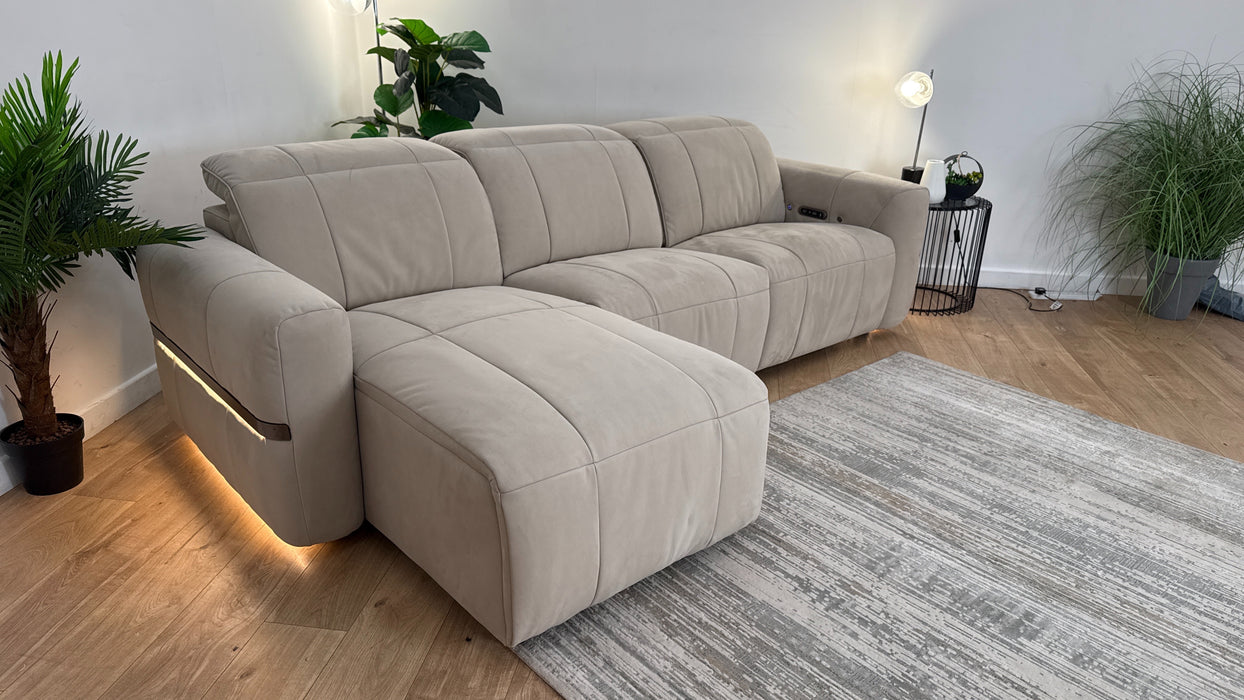 Sofology Lumiere Fabric Chaise 4 Seater Power Recliner/Headrest Heated Seat in Lifestyle Nubuck Feel Stone