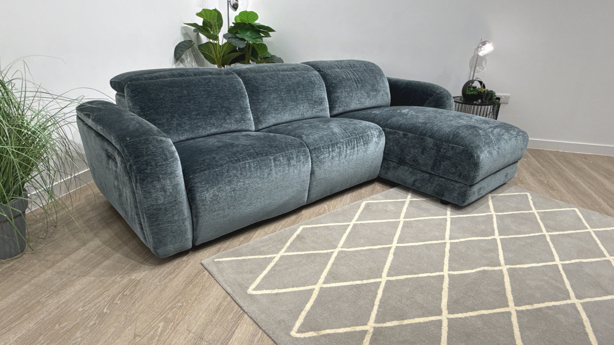Sofology Drift Fabric 4 Seater Chaise Power Recliner/Headrest in Luxury Textured Chenille Lagoon
