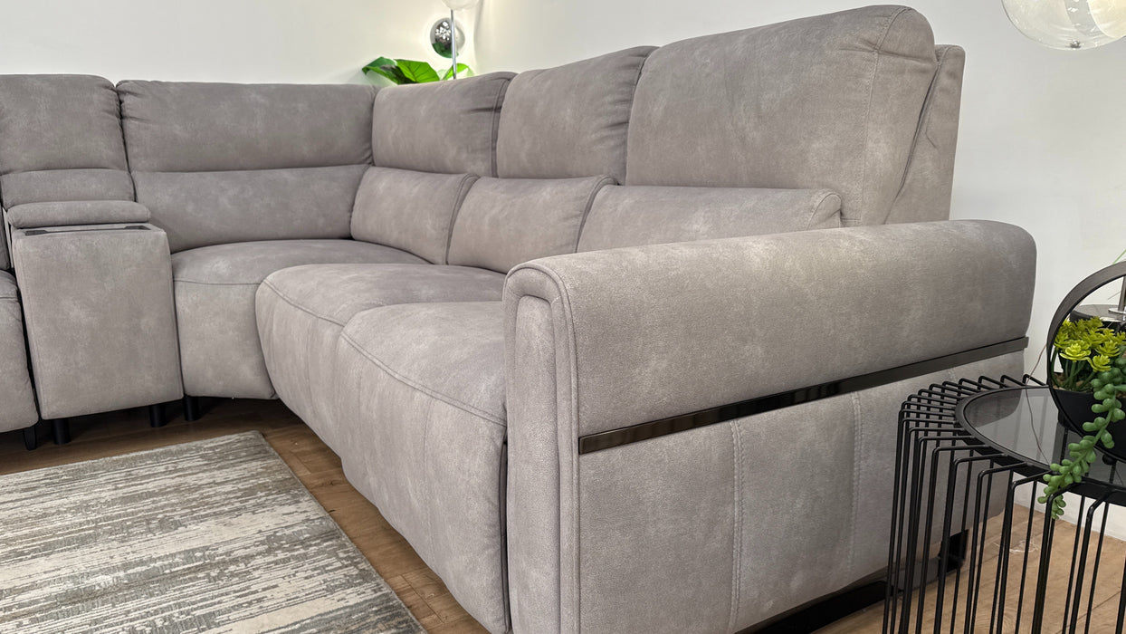 Sofology The Ravello Fabric 1 Console Corner 2 Power Recliner/Headrest Lumbar Support in Lifestyle Flecked Fabric Stone