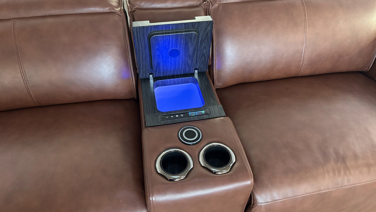 Sofology The Premiere 2.5 Seater Recliner Sofa Console in Trusty Embossed Leather Chestnut