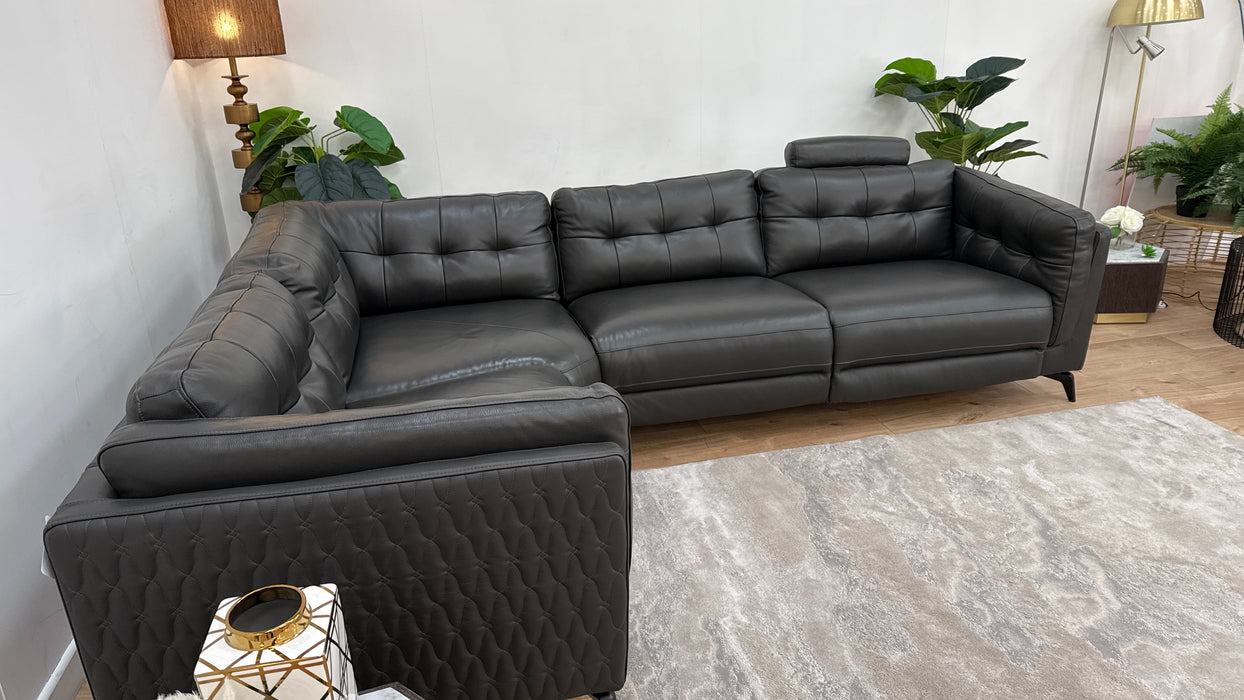 Sofology The Muse 1.5 Corner 3 Fabric Recliner Sofa in Trusty Embossed Leather Charcoal