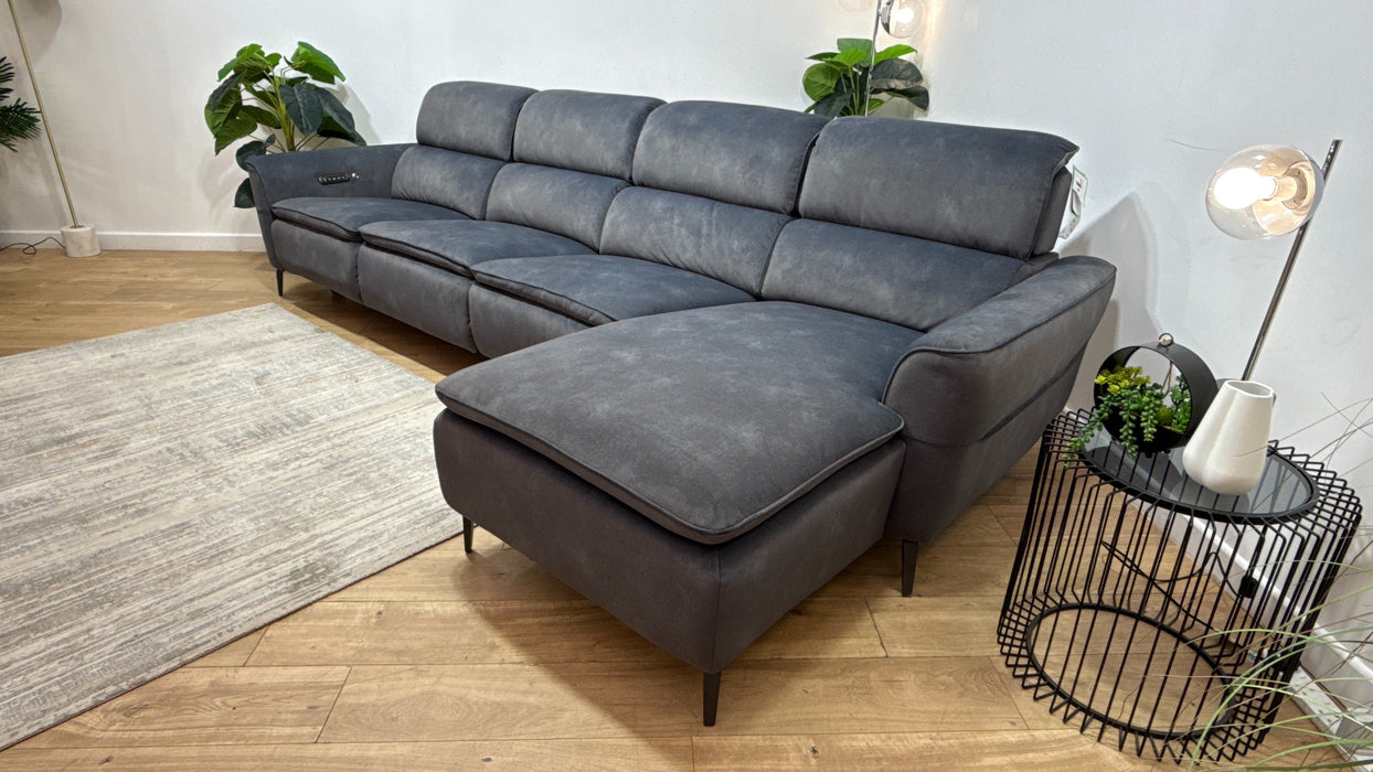Sofology Viento Fabric 4 Seater Chaise Power Recliner/Headrest Lumbar Heated Seat in Lifestyle Flecked Charcoal