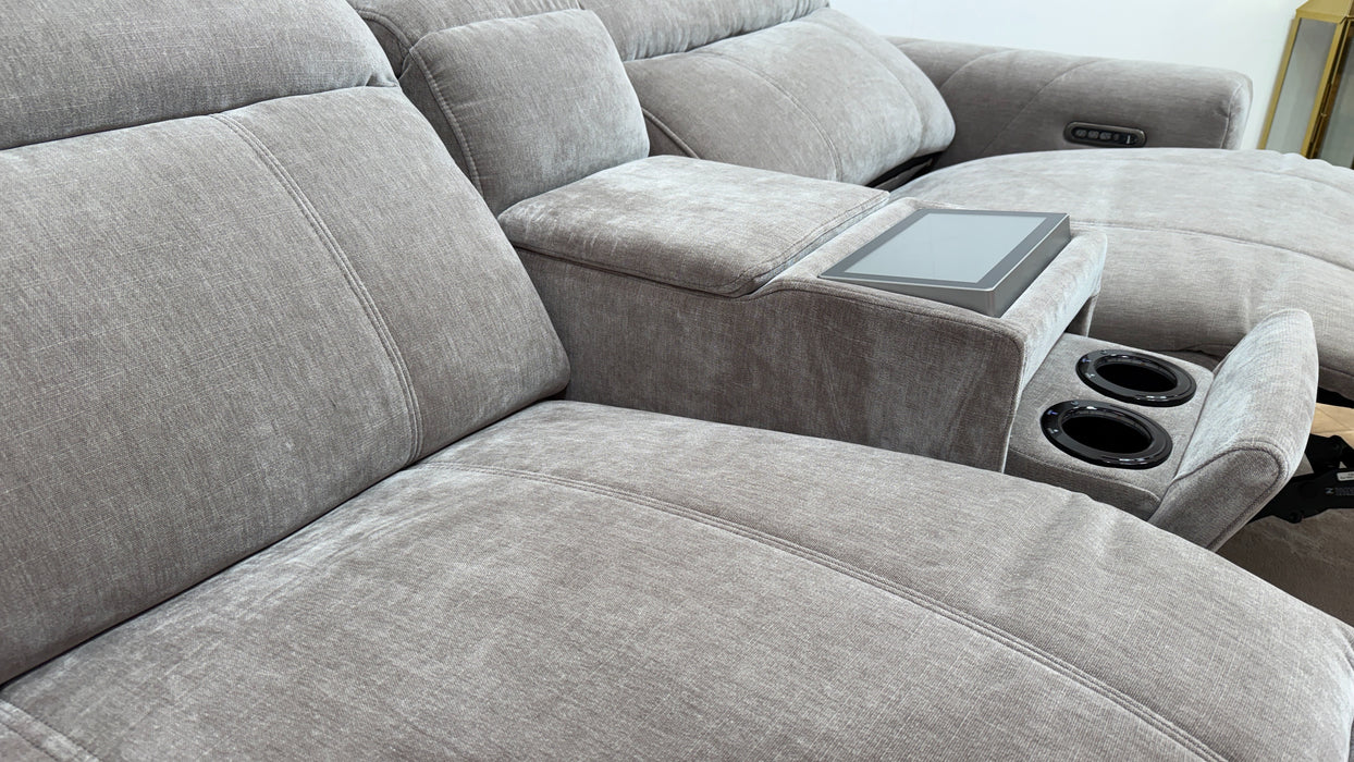 Sofology Allure Fabric 2.5 Seater Screen Console Power Recliner/Headrest Heated Seats Lumbar Speakers in Relaxed Chenille Nutmeg