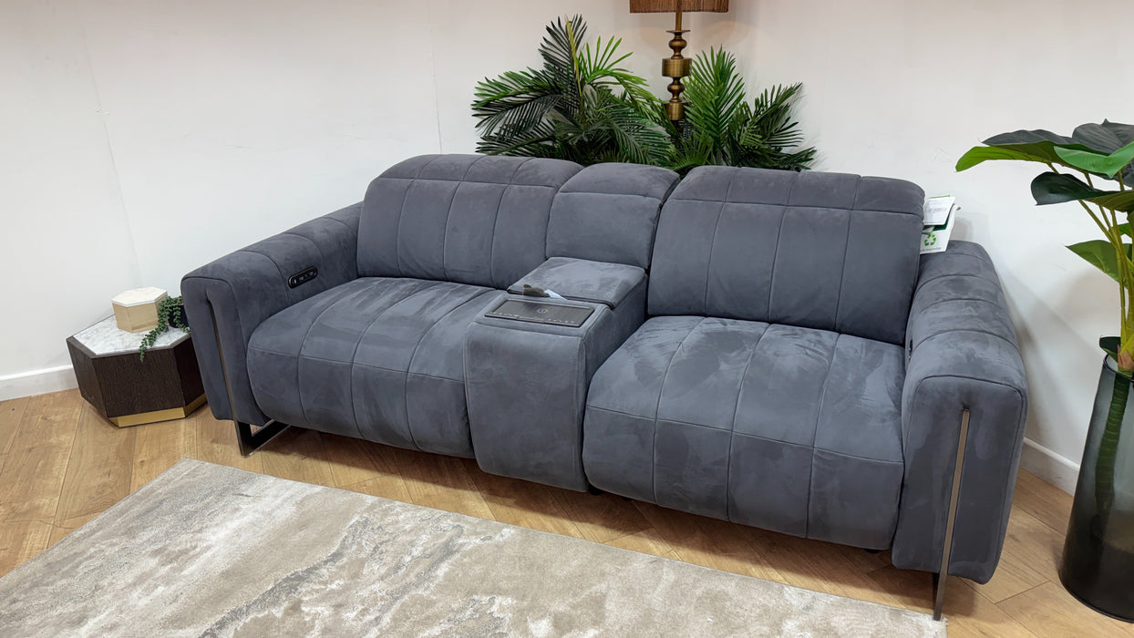 Sofology Paramount Leather 2.5 Seater Console Power Recliner/Headrest Heated Seats Speakers in Trusty Embossed Charcoal