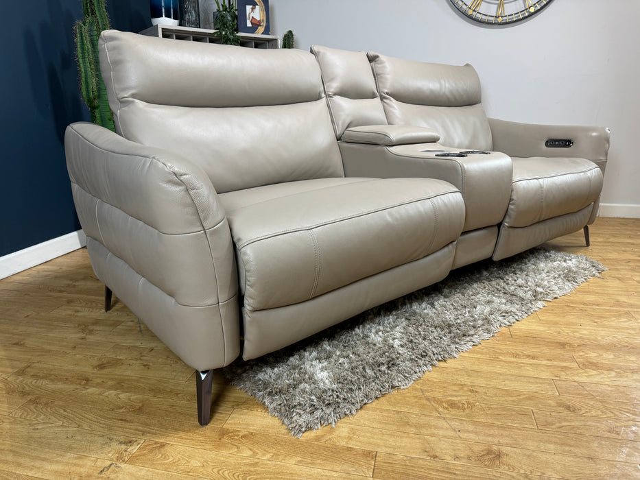 Renato Leather 2.5 Seater Console - Trusty Embossed Leather Stone - Power Recliner Speakers - (WA2)