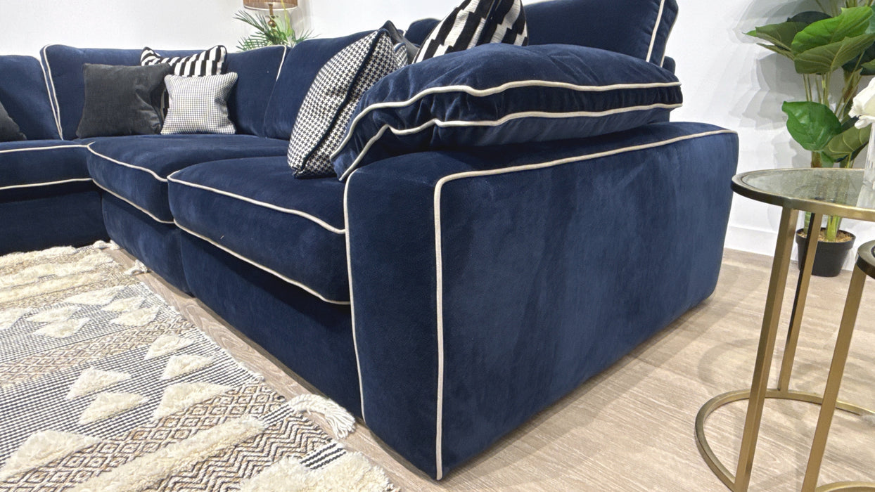 Sofology Atelier Fabric 3 Corner 1 Full Back in Soft Chenille Navy Mix With Pearl Contrast Piping