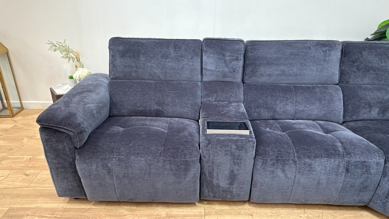 Sofology 3 Console Corner 3 Power Recliner/Headrest Heated Seats Lumbar Support in Montreal Denim