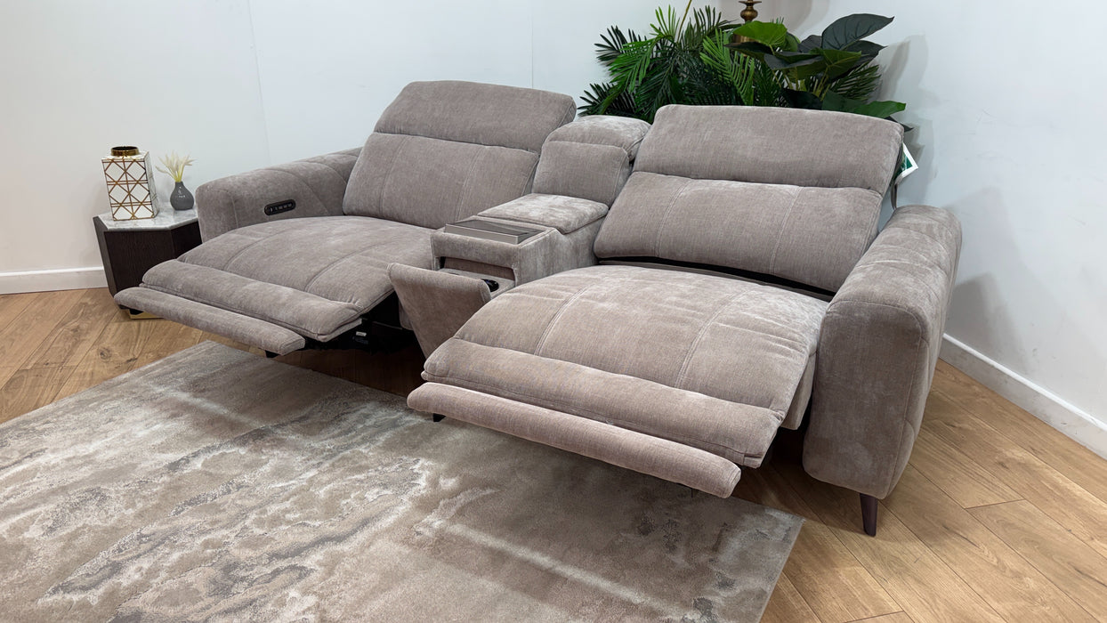 Sofology Allure Fabric 2.5 Seater Screen Console Power Recliner/Headrest Heated Seats Lumbar Speakers in Relaxed Chenille Nutmeg