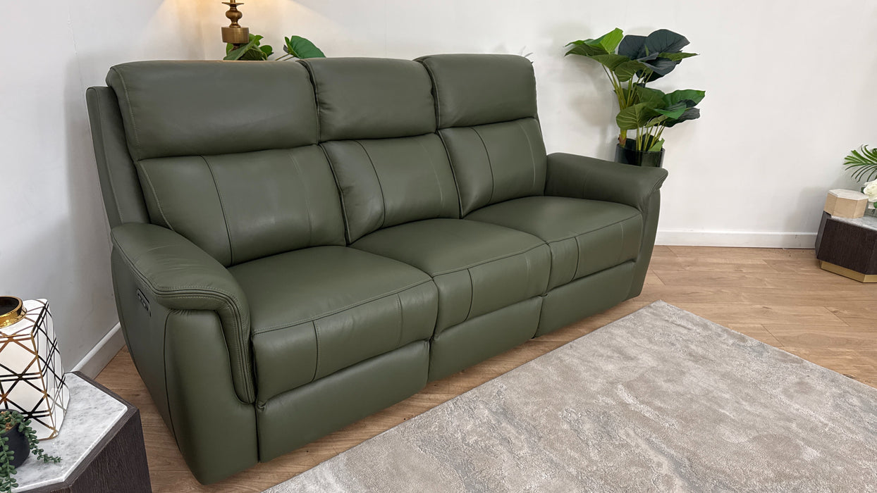 Sofology Bradie Leather 3 Seater Power Recliner/Headrest in Trusty Embossed Dark Olive