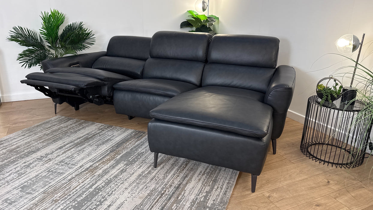 Sofology The Viento Leather 3 Seater Chaise Power Recliner/Headrest Lumbar in Trusty Embossed Leather Navy