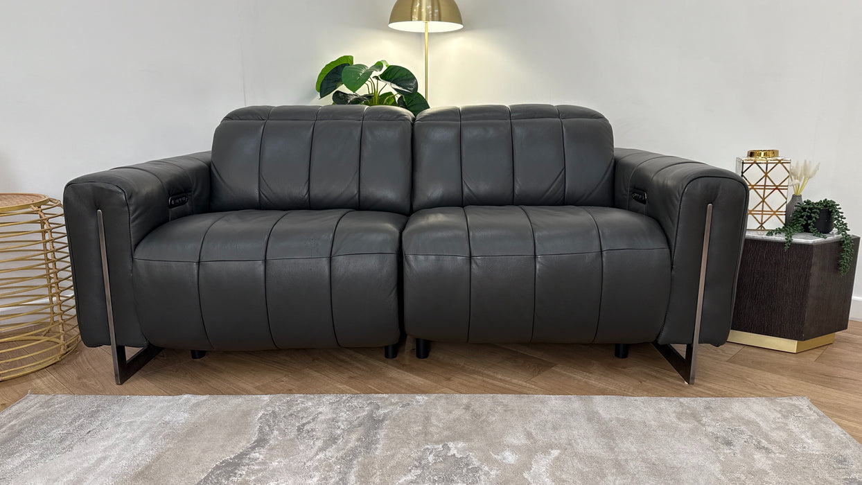Sofology The Paramount Leather 2.5 Seater Console Power Recliner/Headrests Speakers in Trusty Embossed Charcoal