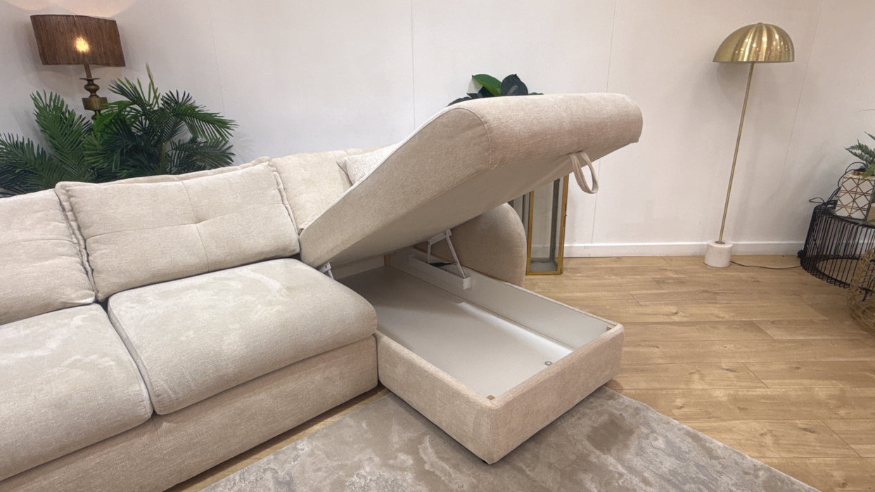 Sofology Portobello Fabric 3 Seater Chaise Sofabed Sprung Seats Storage Hybrid Pocket Mattress in Linen Look Chenille Natural Mix