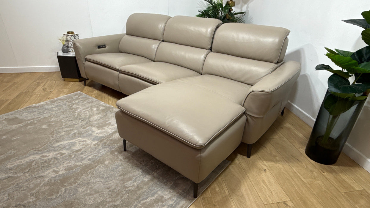 Sofology Viento Leather 3 Seater Chaise Power Recliner/Headrest Lumbar in Trusty Embossed Stone