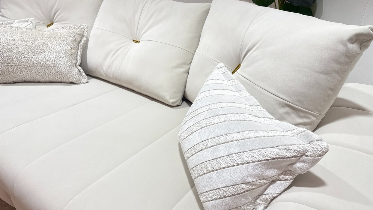 Sofology Oscar Fabric 4 Seater Split Gold Trim in Super Matt Velvet Ecru Mix