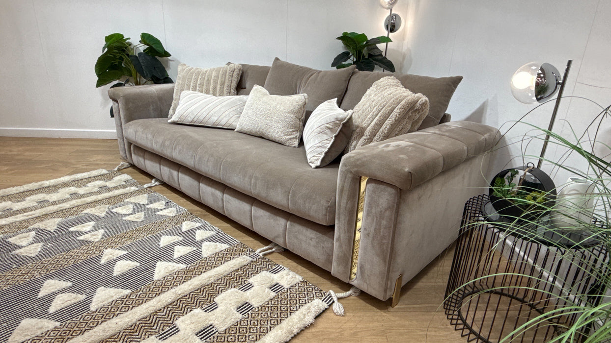 Sofology Oscar Fabric 4 Seater Gold Trim in Fine Textured Chenille Stone Mix