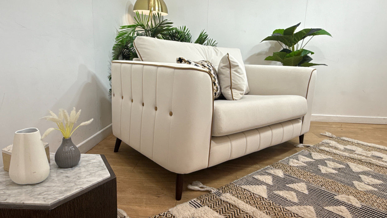 Sofology Remy Fabric Loveseat in Super Matt Velvet Ecru Mix With Caramel Contrast Piping