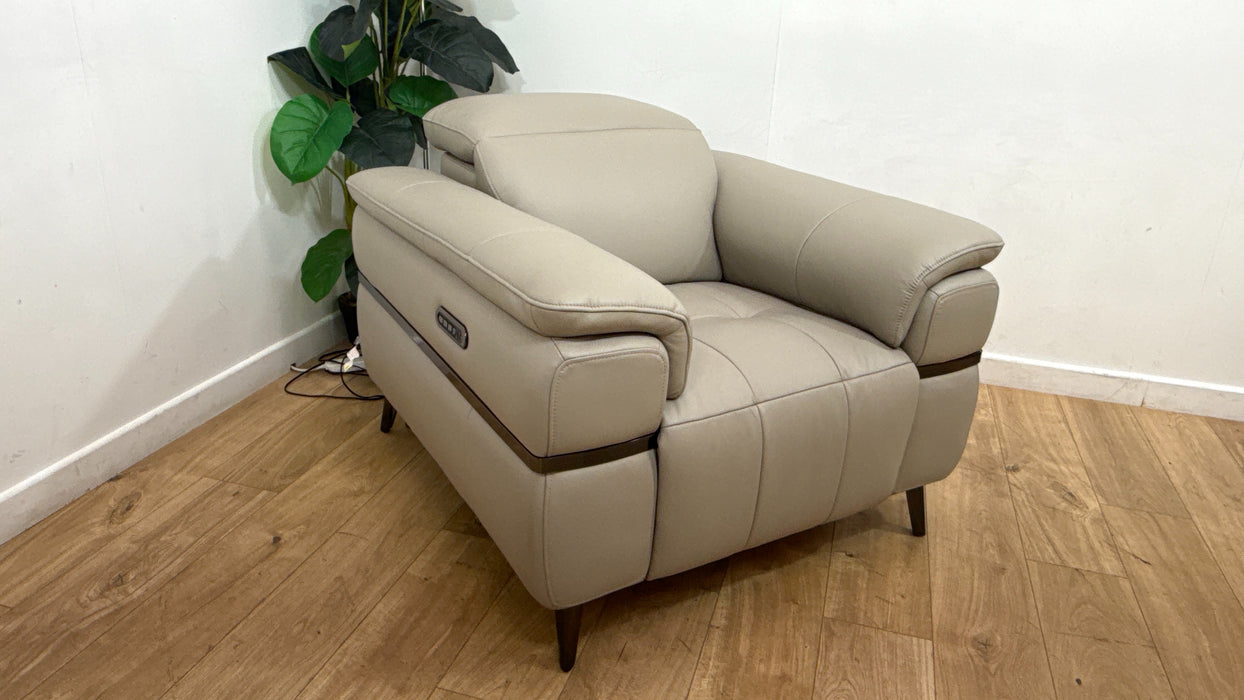 Sofology Milan Leather Chair Power Recliner/Headrests Lumbar Support in Trusty Embossed Light Grey
