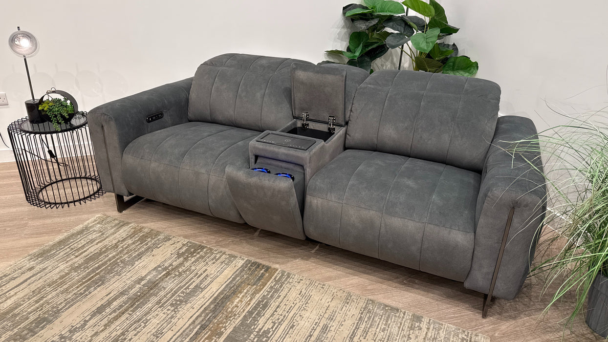 Sofology Paramount Fabric 2.5 Seater Console Power Recliner/Headrest Speakers in Lifestyle Flecked Mineral Green