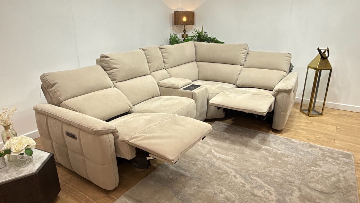 Sofology Ripley Fabric 3 Corner Console 1 Power Recliner/Headrest Lumbar Support in Lifestyle Nubuck Feel Stone
