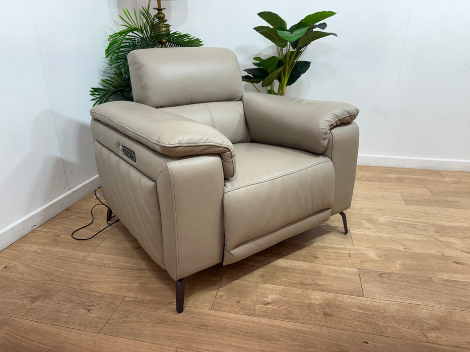 Sofology Fratelli Leather Chair Power Recliner/Headrest in Trusty Embossed Stone