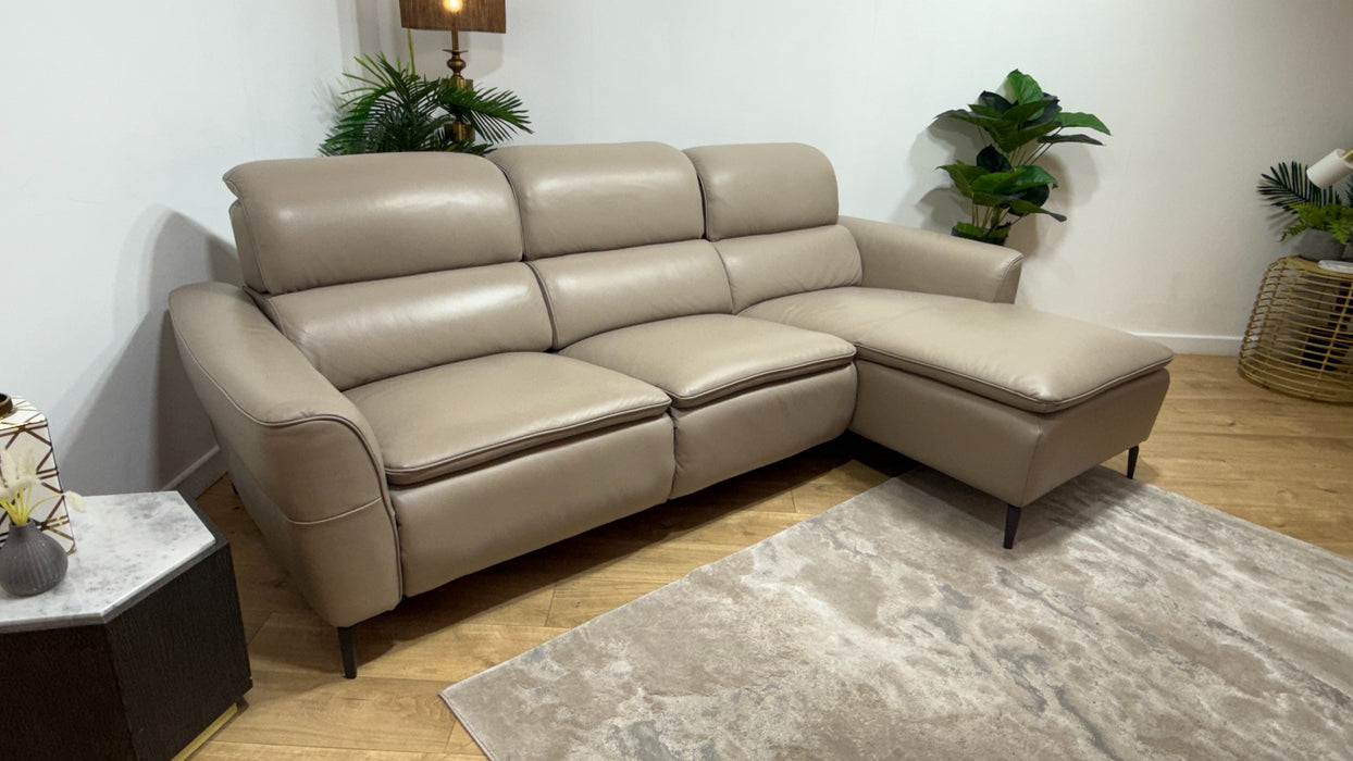 Sofology Viento Leather 3 Seater Chaise Power Recliner/Headrest Lumbar in Trusty Embossed Stone